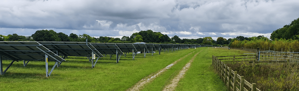 Solar panels seen from behind located next to a track and farm land